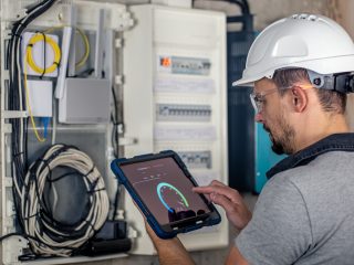 Man, an electrical technician working in a switchboard with fuses, uses a tablet.